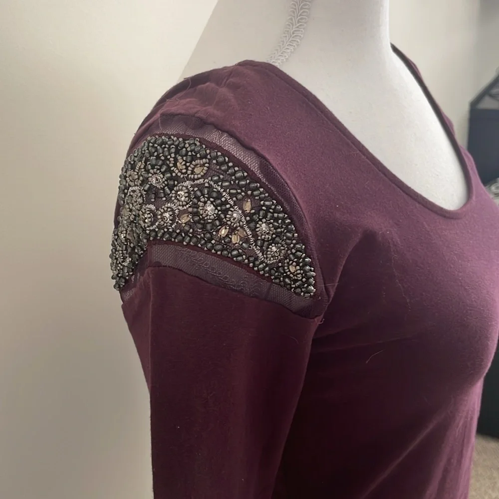 Sparkle & Fade Deep Purple Plum Beaded Stretchy Top. Small